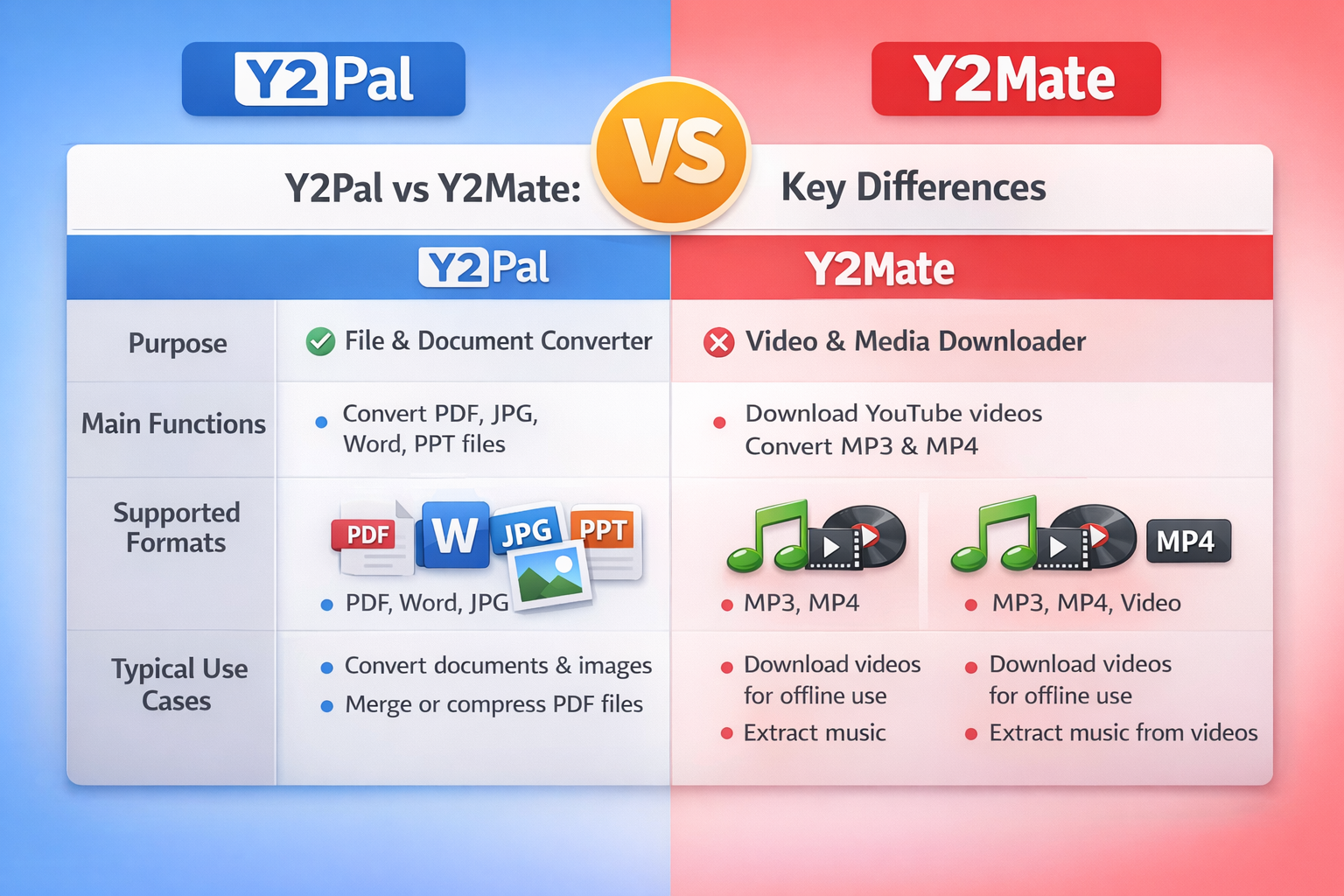 Y2Pal vs Y2Mate comparison table